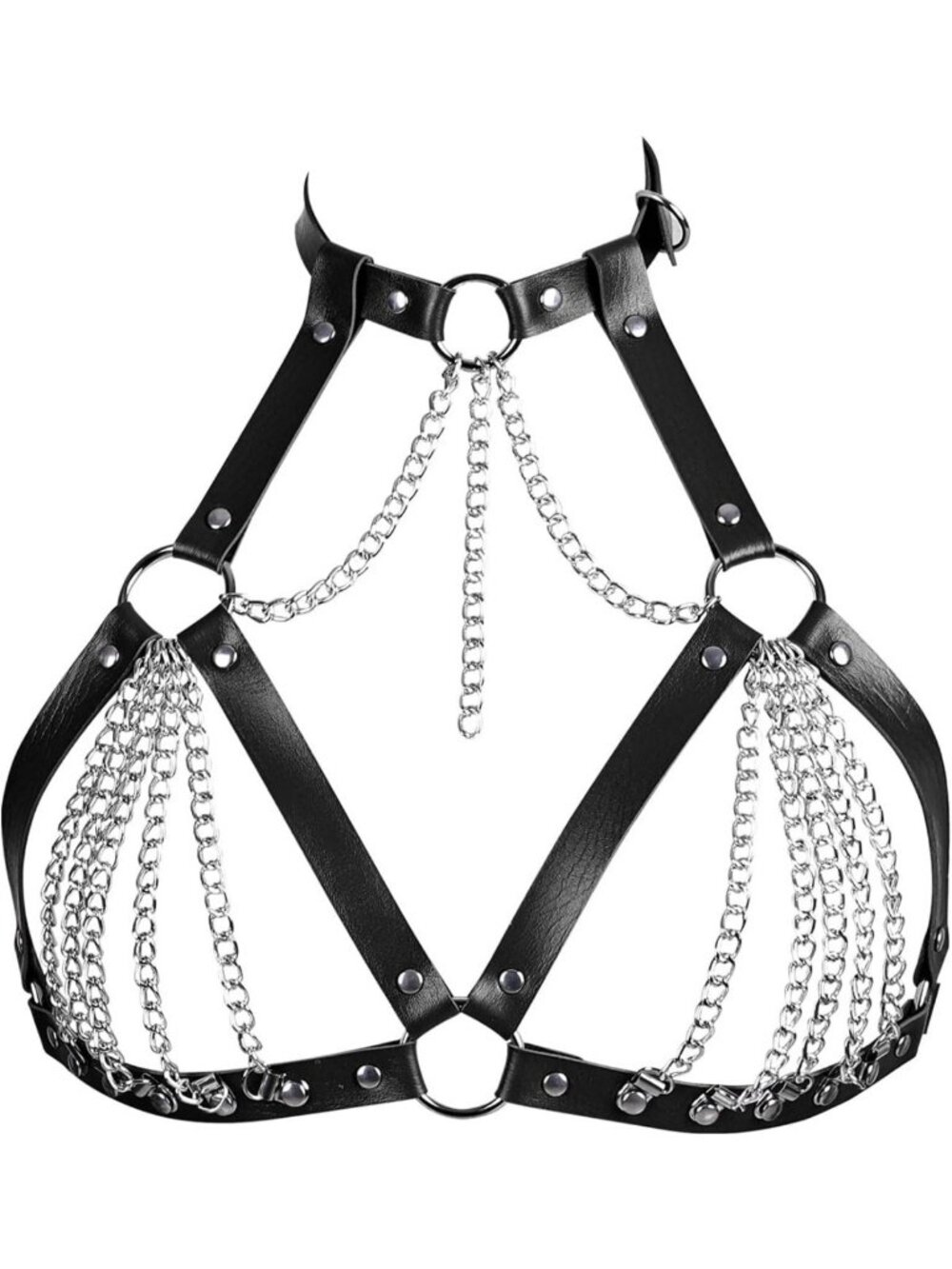 Punk Leather Bra Cage Shoulder Strap, Layered Chest Harness & Body Chain for